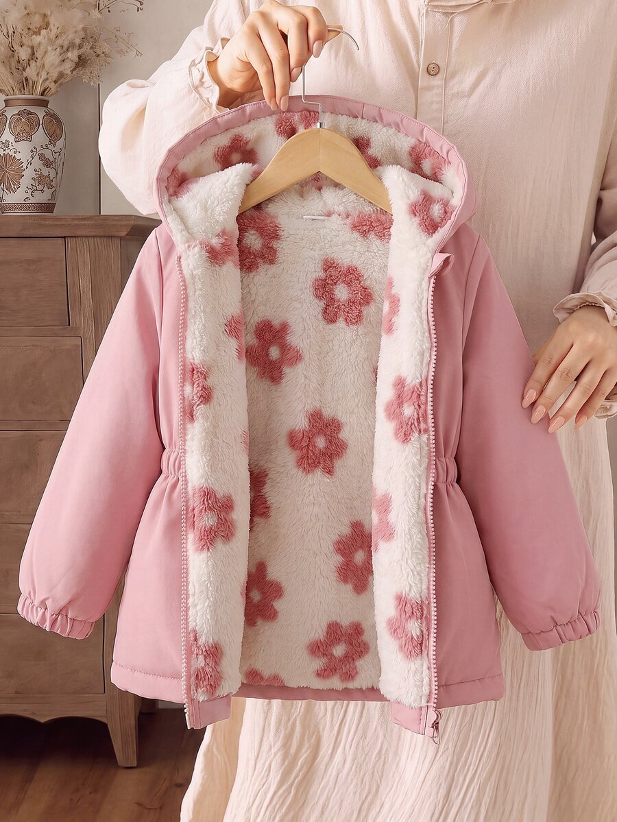 SHEIN Elladie kids 1件女童冬季新款毛絨內裡拉鍊開襟衫,附彈性腰部與連帽,百搭時尚防寒外套,適合戶外與通勤 - 粉色 - 查看 1