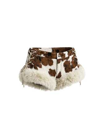 Hippie Western Cowgirl Kuhmuster Herbst/Winter Sexy Stil Ultra Tiefe Taille Schnürung Design Fell Patchwork Damen Jeans Shorts