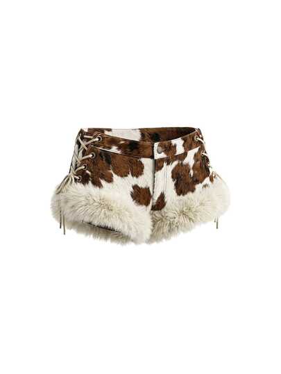 ROMWE Hippie Western Cowgirl Cow Print Autumn/Winter Sexy Style Ultra Low Waist Lace-Up Design Fur Patchwork Women's Denim Shorts