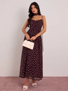 Enchnt 高級秋季浪漫女款優雅棕色波點印花細肩帶派對洋裝，度假、節慶穿搭、舞會禮服、萬聖節、返校舞會洋裝 - 酒紅色 - 查看 5
