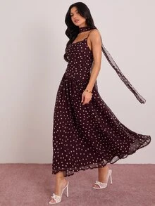 Enchnt 高級秋季浪漫女款優雅棕色波點印花細肩帶派對洋裝，度假、節慶穿搭、舞會禮服、萬聖節、返校舞會洋裝 - 酒紅色 - 查看 3