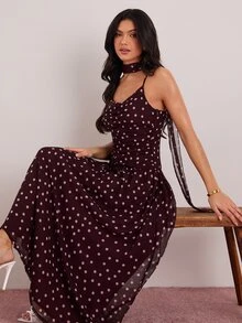 Enchnt 高級秋季浪漫女款優雅棕色波點印花細肩帶派對洋裝，度假、節慶穿搭、舞會禮服、萬聖節、返校舞會洋裝 - 酒紅色 - 查看 4