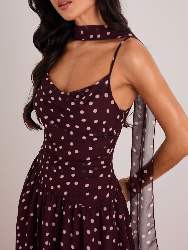 Enchnt Premium Fall Romantic Women's Elegant Brown Polka Dot Print Slip Party Dress,Vacation,Festival Outfits,Prom Dress,Halloween,Homecoming Dress - Burgundy - View 2