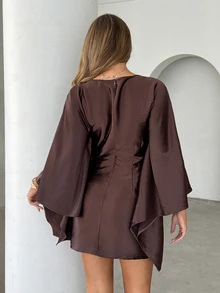 Siren Gaze Women's Coffee-Colored Ruffle Satin Mini Skirt (With Lace Trim) - Suitable For Business Casual, Elegant Vacation, Autumn Party, Teacher Workplace Elegant Outfit And Graduation Ceremony; Hollow Neckline, Waist-Cinching, Batwing Sleeve Design. - Multicolor - View 6