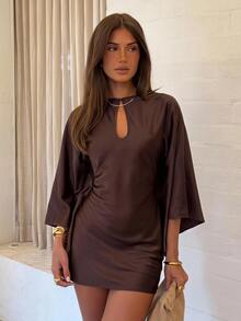 Siren Gaze Women's Coffee-Colored Ruffle Satin Mini Skirt (With Lace Trim) - Suitable For Business Casual, Elegant Vacation, Autumn Party, Teacher Workplace Elegant Outfit And Graduation Ceremony; Hollow Neckline, Waist-Cinching, Batwing Sleeve Design. - Multicolor - View 4