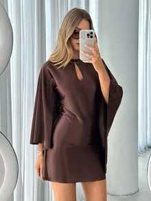 Siren Gaze Women's Coffee-Colored Ruffle Satin Mini Skirt (With Lace Trim) - Suitable For Business Casual, Elegant Vacation, Autumn Party, Teacher Workplace Elegant Outfit And Graduation Ceremony; Hollow Neckline, Waist-Cinching, Batwing Sleeve Design. - Multicolor - View 5