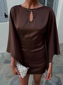 Siren Gaze Women's Coffee-Colored Ruffle Satin Mini Skirt (With Lace Trim) - Suitable For Business Casual, Elegant Vacation, Autumn Party, Teacher Workplace Elegant Outfit And Graduation Ceremony; Hollow Neckline, Waist-Cinching, Batwing Sleeve Design. - Multicolor - View 3