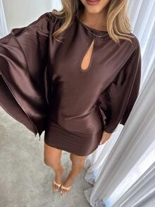 Siren Gaze Women's Coffee-Colored Ruffle Satin Mini Skirt (With Lace Trim) - Suitable For Business Casual, Elegant Vacation, Autumn Party, Teacher Workplace Elegant Outfit And Graduation Ceremony; Hollow Neckline, Waist-Cinching, Batwing Sleeve Design. - Multicolor - View 1