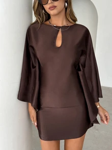 Siren Gaze Women's Coffee-Colored Ruffle Satin Mini Skirt (With Lace Trim) - Suitable For Business Casual, Elegant Vacation, Autumn Party, Teacher Workplace Elegant Outfit And Graduation Ceremony; Hollow Neckline, Waist-Cinching, Batwing Sleeve Design. - Multicolor - View 9