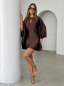 Siren Gaze Women's Coffee-Colored Ruffle Satin Mini Skirt (With Lace Trim) - Suitable For Business Casual, Elegant Vacation, Autumn Party, Teacher Workplace Elegant Outfit And Graduation Ceremony; Hollow Neckline, Waist-Cinching, Batwing Sleeve Design. - Multicolor - View 8