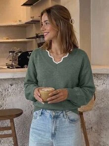 SHEIN Frenchy Women's Minimalist Versatile Colorblock Long Sleeve Sweater For Daily Commute - Green - View 2