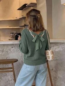 SHEIN Frenchy Women's Minimalist Versatile Colorblock Long Sleeve Sweater For Daily Commute - Green - View 8