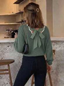 SHEIN Frenchy Women's Minimalist Versatile Colorblock Long Sleeve Sweater For Daily Commute - Green - View 9