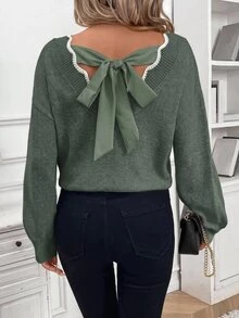 SHEIN Frenchy Women's Minimalist Versatile Colorblock Long Sleeve Sweater For Daily Commute - Green - View 5