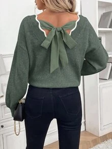 SHEIN Frenchy Women's Minimalist Versatile Colorblock Long Sleeve Sweater For Daily Commute - Green - View 10