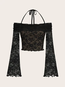 SHEIN ICON 1 件蕾丝露肩 Y2K 喇叭长袖撞色衬里黑色 T 恤 - 黑色 - 查看 3