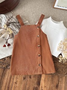 SHEIN 女嬰棕色編織燈芯絨鈕扣背心裙，適合秋冬，百搭休閒 - 棕色 - 查看 6