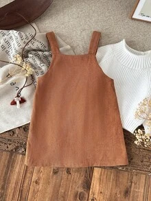 SHEIN 女嬰棕色編織燈芯絨鈕扣背心裙，適合秋冬，百搭休閒 - 棕色 - 查看 5