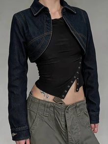 Jeanoix Y2K Women's Collared Long Sleeve Denim Washed Short Jacket - Dark Wash - View 1