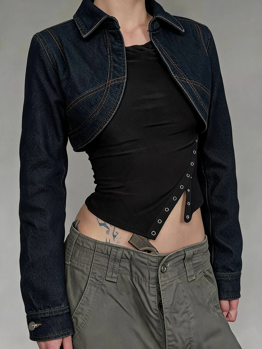 Jeanoix Y2K Women's Collared Long Sleeve Denim Washed Short Jacket - Dark Wash - View 1