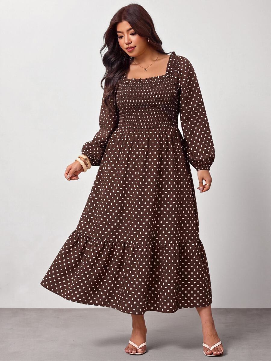 Enliva Plus-Size Women's Brown Polka Dot Print Pleated Dress Apple,Rounded Body Fall Winter Dresses - Multicolor - View 1