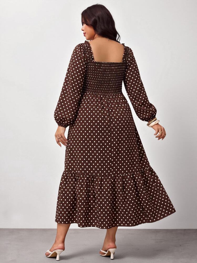 Enliva Plus-Size Women's Brown Polka Dot Print Pleated Dress Apple,Rounded Body Fall Winter Dresses - Multicolor - View 2