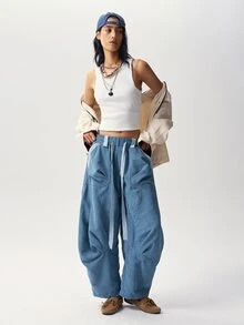 Bohemela Women's Fashion Curved Drawstring Waist Long Pants - Blue - View 6