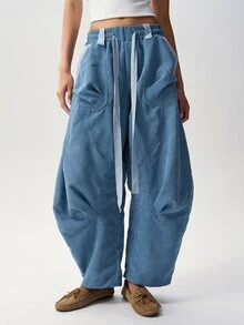 Bohemela Women's Fashion Curved Drawstring Waist Long Pants - Blue - View 4