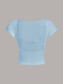 Tseoso Cotton Padded Casual Minimalist Versatile All-Match Bra-Free Backless Round Neck T-Shirt For Women, Summer Vacation - Baby Blue - View 8