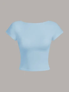 Tseoso Cotton Padded Casual Minimalist Versatile All-Match Bra-Free Backless Round Neck T-Shirt For Women, Summer Vacation - Baby Blue - View 2