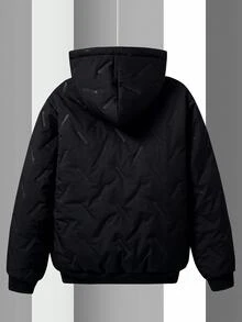 SHEIN 青少年羊羔绒衬里连帽拉链加厚外套，时尚简约设计，适合日常、户外、通勤穿着 - 黑色 - 查看 4