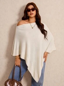 Elaquor Plus Size Women's Solid Color Asymmetrical Shoulder Batwing Sleeve Asymmetrical Hem Sweater Winter - Apricot - View 7