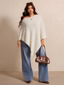 Elaquor Plus Size Women's Solid Color Asymmetrical Shoulder Batwing Sleeve Asymmetrical Hem Sweater Winter - Apricot - View 6