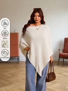 Elaquor Plus Size Women's Solid Color Asymmetrical Shoulder Batwing Sleeve Asymmetrical Hem Sweater Winter - Apricot - View 2