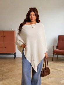 Elaquor Plus Size Women's Solid Color Asymmetrical Shoulder Batwing Sleeve Asymmetrical Hem Sweater Winter - Apricot - View 8
