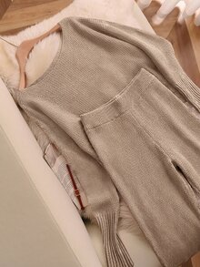 CosyJoli Plus Size Women's Casual Elegant Knit Set 2-Piece Outfit Spring Sweater Loose Khaki Home Fall/Winter Evening Vacation - Apricot - View 3