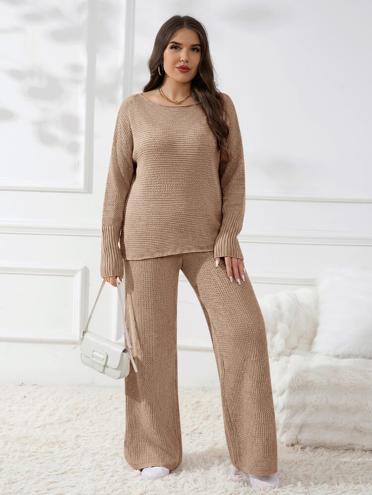 CosyJoli Plus Size Women's Casual Knit Set, 2-Piece Outfit For Spring And , Sweater Set, Loose And Comfortable 2-Piece Set, Apricot Color Home Set Fall/Winter - Apricot - View 6