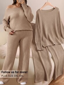 CosyJoli Plus Size Women's Casual Elegant Knit Set 2-Piece Outfit Spring Sweater Loose Khaki Home Fall/Winter Evening Vacation - Apricot - View 2