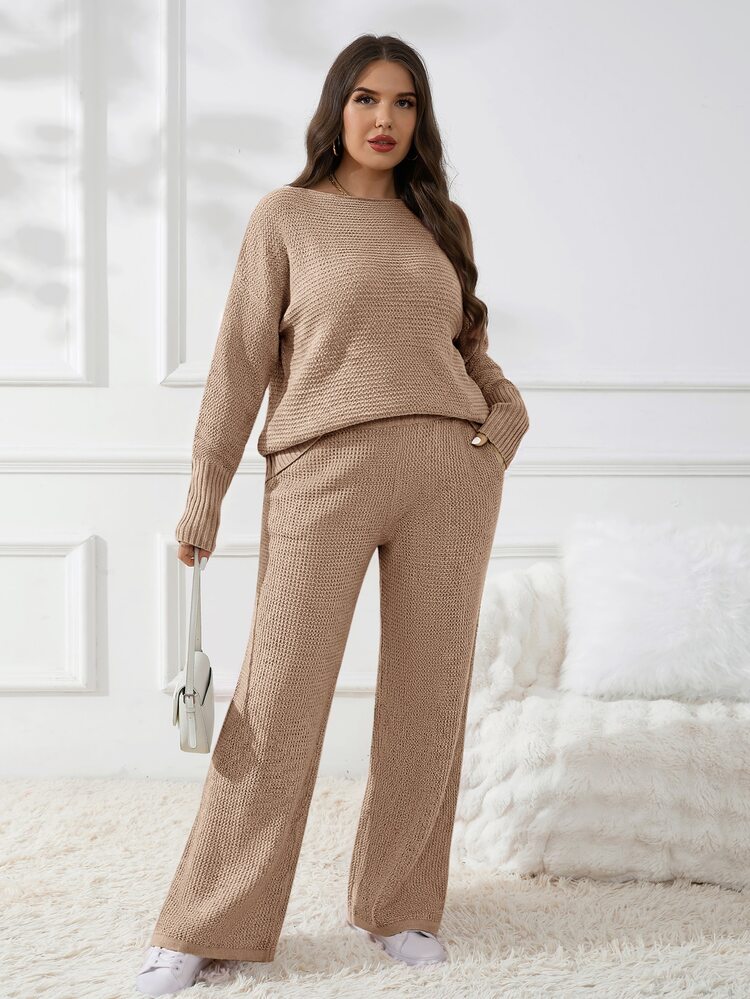 CosyJoli Plus Size Women's Casual Knit Set, 2-Piece Outfit For Spring And , Sweater Set, Loose And Comfortable 2-Piece Set, Apricot Color Home Set Fall/Winter - Apricot - View 5