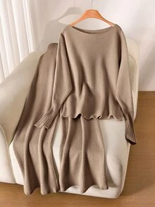 CosyJoli Plus Size Women's Casual Elegant Knit Set 2-Piece Outfit Spring Sweater Loose Khaki Home Fall/Winter Evening Vacation - Apricot - View 8