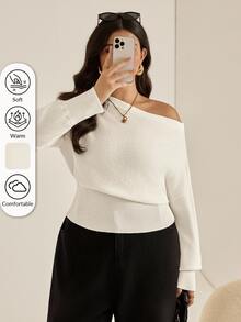 Auralis Plus Size Women's White Elegant Baggy Autumn Pullover Sweater Everyday Casual Loose Comfortable Cold Shoulder Long-Sleeved All-Match Versatile Tops Formal - White - View 5
