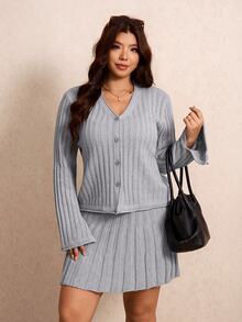 Elaquor Plus Size Women Solid Color Single-Breasted Bell Sleeve Top Mini Skirt Knit Set Formal Office Dates Date Night Gray Autumn Elegant Normal Winter - Grey - View 6
