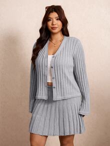 Elaquor Plus Size Women Solid Color Single-Breasted Bell Sleeve Top Mini Skirt Knit Set Formal Office Dates Date Night Gray Autumn Elegant Normal Winter - Grey - View 4