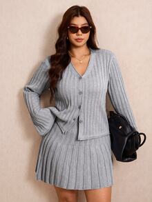 Elaquor Plus Size Women Solid Color Single-Breasted Bell Sleeve Top Mini Skirt Knit Set Formal Office Dates Date Night Gray Autumn Elegant Normal Winter - Grey - View 7