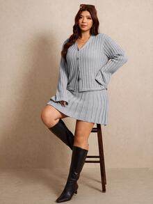 Elaquor Plus Size Women Solid Color Single-Breasted Bell Sleeve Top Mini Skirt Knit Set Formal Office Dates Date Night Gray Autumn Elegant Normal Winter - Grey - View 8
