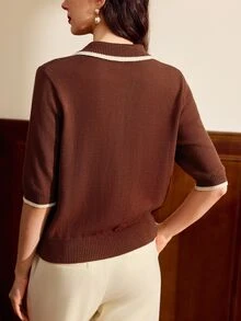 Vintamour 復古女款撞色領短袖休閒針織衫，秋季棕色開襟鈕扣針織衫，返校與辦公室穿搭女裝 - 咖啡棕 - 查看 3