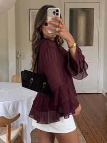 Serisse 女款長袖外出T恤圓領荷葉邊修身休閒優雅棕色上衣秋冬派對上班開學季酒紅色 - 酒紅色 - 查看 7