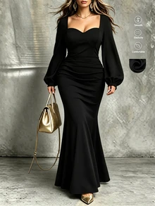 Velvienne Plus Size Women Pure Black Bustier Faux Fishbone Strapless Square Neck Puff Long Sleeve Slimming Mermaid Bodycon Dress - Black - View 9
