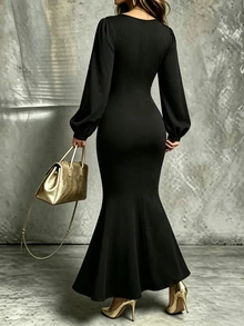 Velvienne Plus Size Women Pure Black Bustier Faux Fishbone Strapless Square Neck Puff Long Sleeve Slimming Mermaid Bodycon Dress - Black - View 2