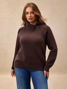Écloséra Curve Plus Size Women Asymmetrical One Button French Lapel Raglan Sleeve Pullover Knit Sweater Grey Casual Elegant Baggy Autumn Top Formal Vacation - Chocolate Brown - View 4